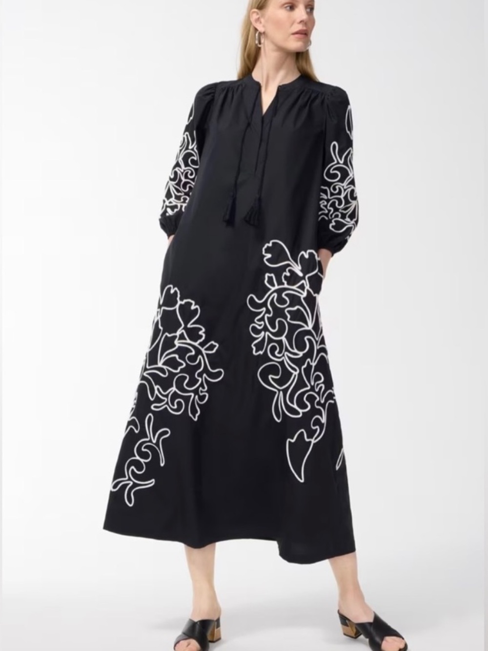 Chico's Black Poplin Floral-Embroidered Midi